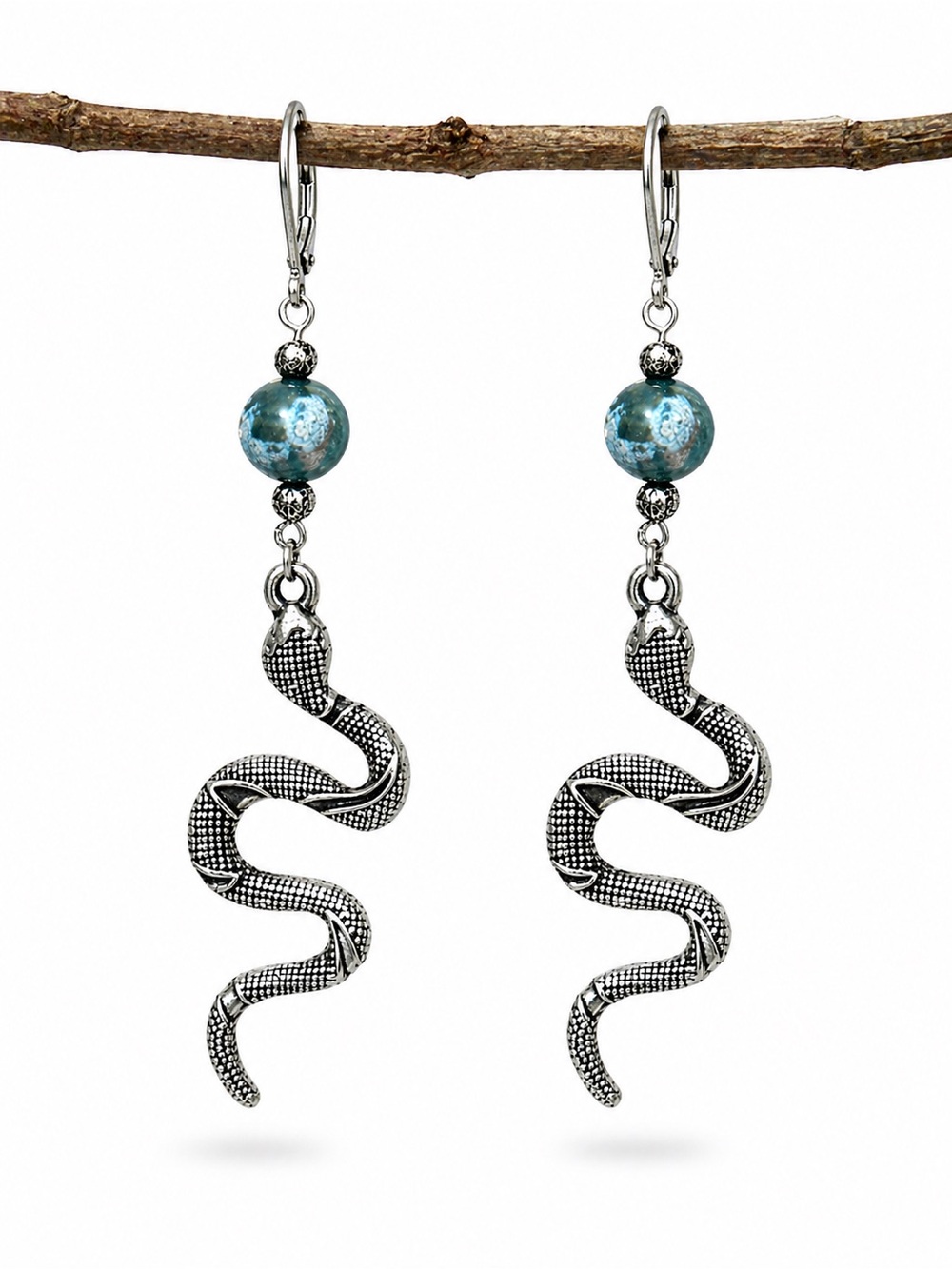 Silver Snake Earrings, Teal Bead Dangle, Boho Serpent Jewelry